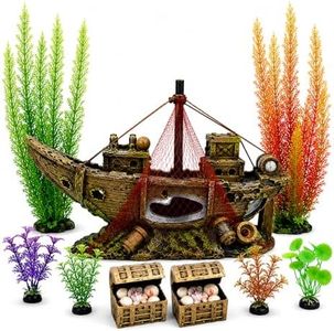 Extra Large 10 Inch Pirate Ship Aquarium Decor Set for 10-40 Gallon Tank, Resin Sunken Shipwreck with Treasure Chests & Plants, Fish Tank Decorations