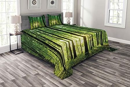 ABAKUHAUS Forêt Couvre-lit Matelassé, Vert Woodland Sunrise, Décoratif 3 Pièces avec 2 Taies d'Oreillers, King, Vert Noir