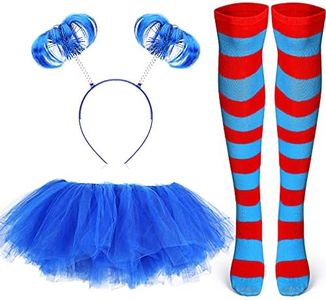 Tulle Tutu Costume Set Tulle Tutus Skirts Blue Headband Ponytails Long Knee Thigh High Striped Socks for Halloween(Red and Blue,L)