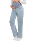 fitglam Women's Maternity Jeans Straight Leg Relaxed Fit Over Belly Pregnancy Denim Work Pants Maternity Clothes with Pockets, 02 Light Blue, XX-Large