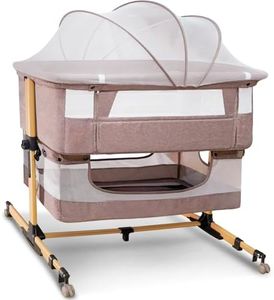 cutebeams Baby Bassinet, 3 in 1 Bedside Sleeper with Mattress and Mesh Sides, Mosquito Net, Storage Basket, Self Rocking, 5-Height Adjustable, Easy Assemble Crib for Newborn, Khaki