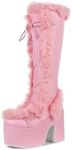 VIMISAOI Womens Mid Calf Boots, Lace Up Zip Block Chunky High Heel Punk Goth Warm Fur Winter Snow Platform Boots