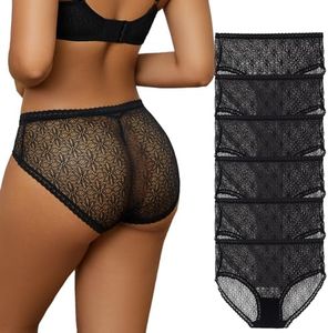 LIQQY Women's Lace Briefs High Waisted Panties Sexy Full Coverage Brief Underwear 6 Pack (US, Alpha, Medium, Regular, Regular, Black)