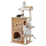 PAWZ Road 47.2'' Modern Cat Tree Wooden Multi-Level Cat Tower, Deeper Version of Cat Sky Castle with 2 Cozy Condos, Luxury Perch and Interactive Dangling Balls Beige