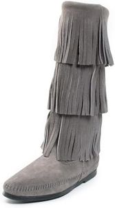 Minnetonka Women's 3-Layer Fringe Boot,Grey,6 M US