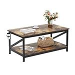 COTUBLR Coffee Table with Storage Shelf, 40 Inch Living Room Table, Farmhouse Coffee Table with 2 Tier Shelves, Black Table Legs, Industrial Wooden Coffee Table, Rustic Brown