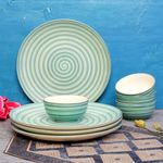 Freakway Hand-Painted 'Sea Swirls' Dinner Set Ceramic Stoneware Dinner Set of 8 Pieces | 4 Ceramic Dinner Plate and 4 Bowl/katori | Bone Ash Free | Microwave and Dishwasher Safe - Green