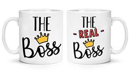 The Boss & The Real Boss 10oz Mugs Cups Gift Set Pair Couples Boyfriend Girlfriend Husband Wife Work Office