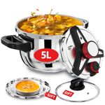 3-In-1 304 Stainless Steel Pressure Cooker 5 Litre: [Explosion-Proof] [3 PSI Settings], One-Hand Locking, Induction Compatible, Glass Lid & Steamer Rack Included, Olla de Presion