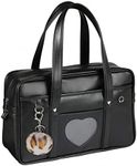 Chillpaper Large Japanese Shoulder Bag,Faux Leather Tote Bag Kawaii with Pink Leopard Pompom (A3 Big Size, Black Heart Window)
