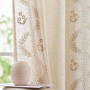 jinchan Linen Curtains Floral Curtains for Bedroom Boho Curtains 84 Inch Length Beige Embroidered Curtains Rod Pocket Back Tab Farmhouse Flower Patterned Drapes Living Room Window Curtain Set 2 Panels