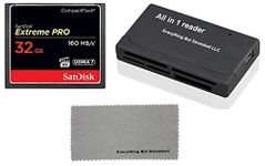 SanDisk Extreme Pro 32GB CompactFlash CF Memory Card for Canon EOS 5D Mark II, 7D, Digital DSLR Camera HD UDMA 7 (SDCFXPS-032G-X46) with Everything But Stromboli (TM) Microfiber Cloth and Combo Reader