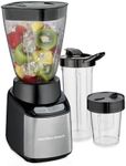 Hamilton Beach Stay or Go Blender for Shakes and Smoothies with 32oz Shatterproof Jar, 8oz Grinder for Nuts & Spices, 2 Portable Travel Cups with Lids, 650 Watts, BPA Free, Black and Silver (52400)