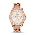 FOSSIL Riley Multifunction Rose-Tone and Sand Watch, Women's Analogue Quartz Wrist Watch, with Light Brown Leather Band and Rose Gold Stainless Steel Case in Gift Box, Water Resistant