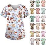 Scrubs Tops for Women Nurses Healthcare Uniform Hospital Scrubs Animal Tunic V Neck Casual Short Sleeve Cute Cat Dog Print Doctors Scrubs Shirts with Pockets