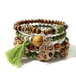 GAUEIOUR Boho Beaded Bracelet,Tree of Life Pendant Multi layered Wood Bead Tassel Bracelet, Elastic Travel Souvenir Jewelry Set, Bohemian Style Jewelry Gifts (Army Green, Set of 4)