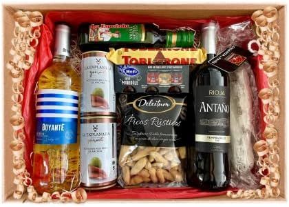 FAMILYCOM. Cesta Gourmet para regalar. Surtido con Chocolates originales de regalo. Lote de embutidos, Paleta de Cebo, Longaniza Payes y Conservas, Selección de Vinos, Aceite de Oliva y Picos gourmet.