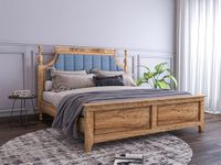 Sheeshamwallah Wooden King Size Bed Without Storage | Low Height Cot with Blue Upholstered Cushion Headboard | Solid Wood Sheesham, Teak Finish | Mattress Size: 78 X 72