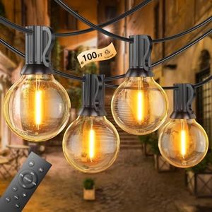 Toipwen Outdoor Dimmable String Lights, 30 m Guinguette Garland with Remote Control, 50+2 Unbreakable Bulbs, IP45 Waterproof, 2700 K Warm White for Patio, Balcony, Camping, Parties etc