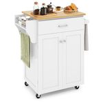 TANGZON Kitchen Trolley on Wheels, Rolling Kitchen Island with Cabinet, Drawer, Rubber Wood Worktop, Adjustable Shelf, Spice Rack & Side Handles, Utility Serving Trolley Cart for Home Bar Dining Room