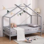 SlumberWorx Teddy Kids Wooden House Treehouse Single Bed Frame In White/Grey & Optional Guest Trundle & Mattress (Grey No Guest Trundle, No Mattress)