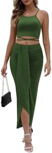 HUUSA Womens's Fashion Spring 2 Piece Skirt Maxi Ball Dance Prom Dresses Sexy Sleeveless Scoop Round Neck Cami Tank Tops High Waist Slit Ruched Club Cocktail Dress Green 2XL