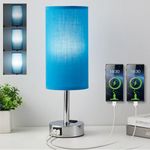 Bedside Table Lamps - 3 Way Dimmable Touch Small Lamp USB C Charging Ports and AC Outlet, Polished Metal Base Fabric Shade Lamps for Bedroom, Office Desk, LED Bulb Included Blue