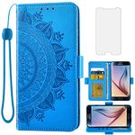 Asuwish Compatible with Samsung Galaxy S6 Wallet Case and Tempered Glass Screen Protector Card Holder Flip Wrist Strap Cell Phone Cover for Glaxay S 6 Gaxaly 6s Galaxies GS6 SM-G920V G920A Women Blue