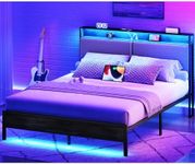 HOOBRO Queen Bed Frame with Storage Headboard, Upholstered Platform Bed, Bed Frame with Charging Station and LED Light, Headboard with Storage Shelves, USB Ports, Charcoal Gray BCG04UDBF01