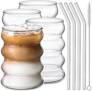 Ework4U 4 Pcs Drinking Glasses with Glass Straw 14oz Glassware Set,Cocktail Glasses,Iced Coffee Glasses,Beer Glasses,Ideal for Water,Soda,Tea,Gift - with Cleaning Brushe