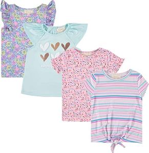 BTween Girls 4pc Fashion Tops, Short Sleeve T-Shirt, Casual Daily Shirt for Kids - Assorted Colors, Npink, 10-12