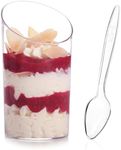 Qeirudu 50 Pack Mini Slanted Dessert Cups with Spoons - 2.2 oz Plastic Parfait Cups Reusable Shooter Glasses Small Serving Cups for Tasting Party Desserts Appetizer