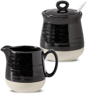 Tikooere Ceramic Sugar and Creamer Container Set of 3,10 Ounce Cream Pitcher,11 Ounce Sugar Bowl with Lid and Spoon,Farmhouse Coffee Bar Accessories Set for Serving,Microwave & Dishwasher Safe,Black