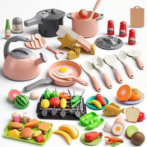 Zero Zoo 105Pcs Kids Kitchen Toy Accessories, Toddler Pretend BBQ Camping Cooking Playset with Play Pots and Pans, Utensils Cookware Toys, Play Food Set, Toy Vegetables, Learning Gift for Girls Boys