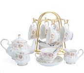 CHP Porcelain Ceramic Coffee Tea Sets, Cups and Saucer Service for 6, Teapot, Sugar Bowl, Creamer Pitcher and Teaspoons -21-Piece