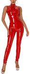 Women’s Red PU Jumpsuit Catsuit Sexy Wet Look Bodycon PVC Outfit Shinny Metallic Unitard Leotard Bodysuit for Nightclub L