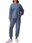 PINSPARK Matching Sets Women Clothing Oversized Sweatsuit Long Sleeve Drawstring Sweatpants with 2 Pockets Airport Outfits, Blue XL