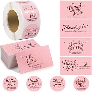 600 Pieces Thank You For Supporting My Small Business Cards and Stickers Set - Pink Gold Foil Thank You Cards for Retail Store Package Insert Envelope Seals Business Owner Sellers