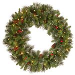 National Tree Spruce 30 Inch Carolina Pine Wreath with 100 Battery Operated LED Lights (CAP3-306-30W-B1), 30 in