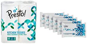 Amazon Brand - Presto! Surface Cleaning Wipes - 30 wipes/pack (Pack of 6) & Presto! 2 Ply Kitchen Tissue/Towel Paper Roll - 2 Rolls (60 Pulls Per Roll)