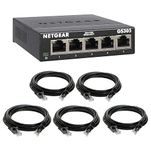 NETGEAR 5-Port Ethernet Switch GS305 + 5 Ethernet Cables 𝐄𝐬𝐬𝐞𝐧𝐭𝐢𝐚𝐥𝐬 𝐕𝐚𝐥𝐮𝐞 𝐁𝐮𝐧𝐝𝐥𝐞 - Unmanaged Gigabyte Network Switch - Network Hub & Ethernet Splitter - Home & Office - Easy Setup