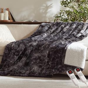 Electric Heated Blanket,84x90 Heating Queen Luxury Soft Faux Fur Dark Grey