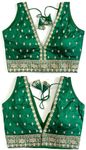 Women's Silk Deep V Cut Neck Embroidery Work with Handwork Sleeveless Readymade Blouse (38" Stitched and Upto 42" Margin) (Green)