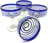 Mexican Hand Blown Glass – Set of 4 Hand Blown Margarita Glasses (16 oz) with Blue Spiral Design