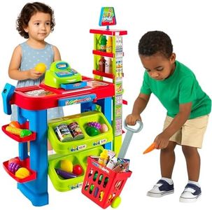 OLEOCA Supermarket Playset for Kids — Grocery Store Pretend Play with Toy Shopping Cart, Cash Register, Scanner & Play Food Accessories – Fun Gift for Ages 3+