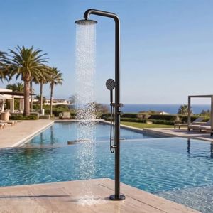 TRIPHIL Freestanding Outdoor Shower Kit, Marine Grade 316 Stainless Steel Poolside Shower with Rainfall, Handheld Spray & Foot Rinse, Floor-Mounted Backyard Fixture for Pool Garden Beach, Matte Black