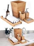 Bamodi Bamboo Bathroom Decor Set - 5-Piece Aesthetic Decorative Accessories for Restroom - 7x2.5X.2.5-Inch Set Includes Toiletry Box, Toothbrush Holder, Liquid Soap Dispenser, and Wooden Towel Tray