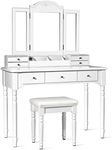 CHARMAID Vanity Set with Tri-Folding Mirror & 8 Necklace Hooks, 7 Drawers, 2 Dividers, 6 Desktop Makeup Organizers, Bedroom Makeup Dressing Table with Cushioned Stool for Women Girls (White)