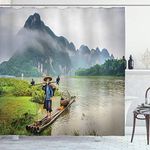 Ambesonne Lake House Decor Collection, Traditional Chinese Fisherman with Birds and Basket on River Fog Mountains Nature Trees, Polyester Fabric Bathroom Shower Curtain, 75 Inches Long, Multi