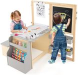 Costzon Easel for Kids, Wooden Art Center with Double-Sided Blackboard & Whiteboard, Paper Roll for Drawing, Crafts, Writing, Toddler Activity Table with Storage, Kids Table and Chair Set (Grey)